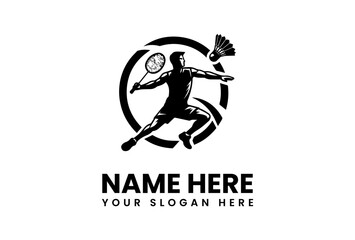 Dynamic Badminton Player Silhouette with Shuttlecock and Racket in Action.