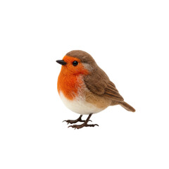 Tiny, exquisite felted robin with red breast, brown back, black bead eyes, matted wool texture, on a pristine, transparent background, concept of meticulous artisanal beauty