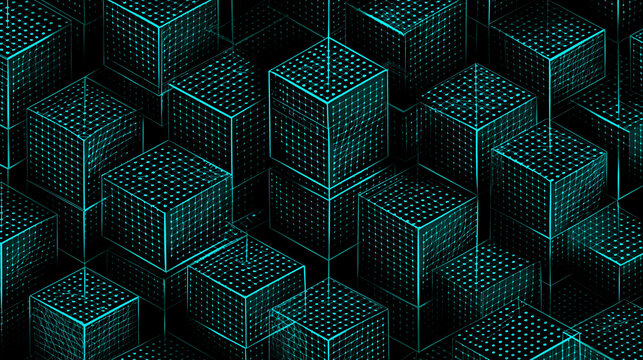 An isometric wireframe hexagon grid glows in neon teal, creating a futuristic, geometric, and visually striking digital pattern.