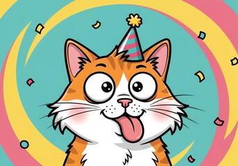 Ginger cat celebrates with silly expression and party hat on vibrant swirling background, perfect for birthday fun