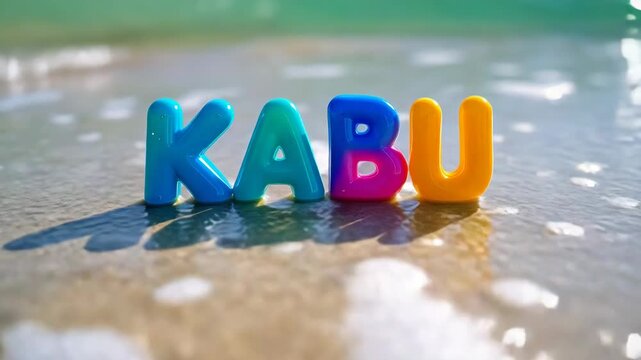 Vibrant plastic letters spelling kabu stand on wet sand at sea, creating cheerful beach scene.