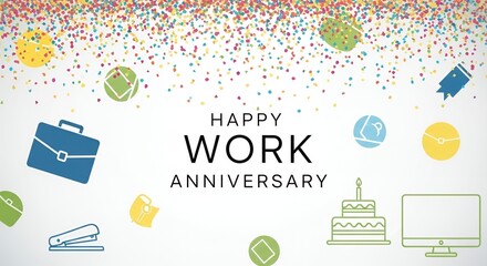 Celebrate happy work anniversary with confetti and office icons for employee recognition and appreciation