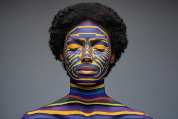 An expressive portrayal of an individual with intricately layered color patterns adorning their face and body emphasizing uniqueness, identity, and artistic expression in contemporary visual