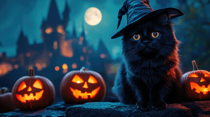 Black cat in witch hat perching on stone wall, moonlit Halloween night with carved pumpkins, gothic castle silhouetted against dramatic sky