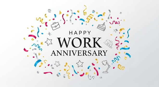 Celebrate a happy work anniversary milestone with festive confetti and joyful congratulations for a dedicated employee