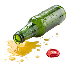 Spilled Beer: Green Bottle and Golden Liquid on transparent background