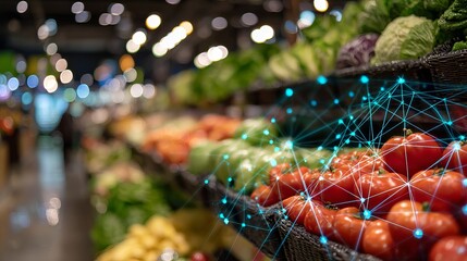 Grocery Store Produce Section with Fresh Vegetables and Glowing Blue Network Overlay Representing Smart Agriculture and Food Data.