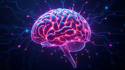 Human Brain & AI Neural Network A futuristic image of a human brain intertwined with a glowing AI neural network. Deep shades of purple and blue create a cyberpunk atmosphere.