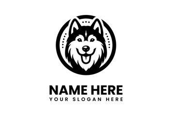 Happy Husky Dog Head Logo Design in Black and White Circle. © vectorvovdesign