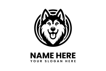 Happy Husky Dog Head Logo Design in Black and White. © vectorvovdesign