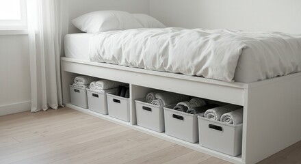 minimalist bedroom with storage bed showcasing organized storage bins filled with neatly rolled towels. clean, bright space emphasizes practical, clutter-free living and efficient design