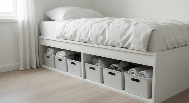 minimalist bedroom with storage bed showcasing organized storage bins filled with neatly rolled towels. clean, bright space emphasizes practical, clutter-free living and efficient design