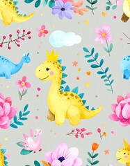 Watercolor Dinosaur and Floral Seamless Pattern