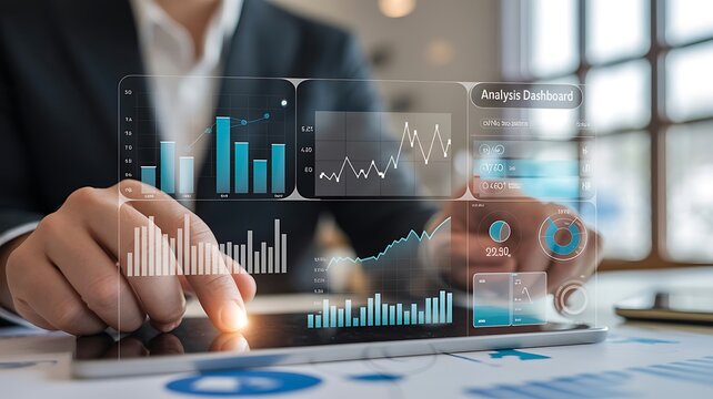 Business professional analyzing financial data on a digital tablet with holographic charts