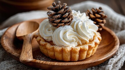 Small tart, whipped cream, pine cones