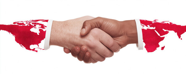  symbolic handshake with a world map overlay represents unity, cooperation, and global partnerships.