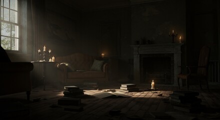 Dim old room with furniture books and candles Sunbeams shine in