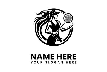Silhouette of a determined female badminton player with flowing hair and visor.