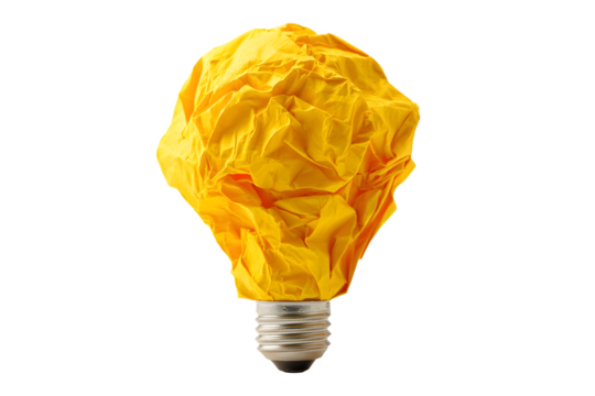 Unique crumpled yellow paper encased light bulb creative idea concept isolated on transparent background