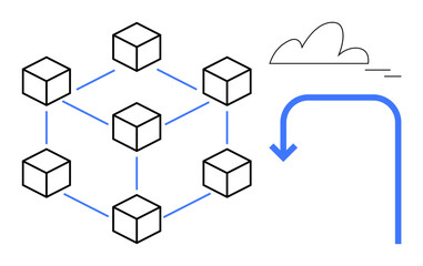 Connected cubes forming a blockchain network, a cloud symbol, and a blue arrow indicating data flow. Ideal for technology, blockchain, cloud computing, integration, connectivity, data processing