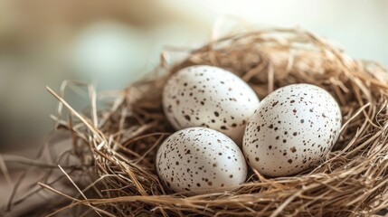 Obraz premium Three speckled eggs in a straw nest.