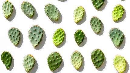 Bright Green Cactus Pads Arranged in a Unique Pattern on White Background