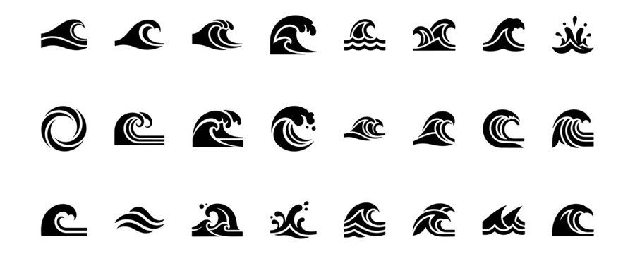 Minimalistic ocean wave silhouette icons set representing sea, water, tide, surf, beach, marine, and nautical symbols vector illustration in bold solid style