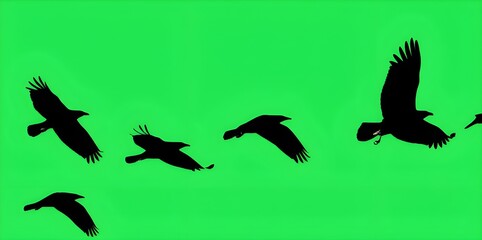 Fototapeta premium Silhouette of soaring birds against a vibrant green backdrop, capturing dynamic movement
