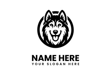 Smiling Husky Dog Logo in a Black Circle with Text Below.