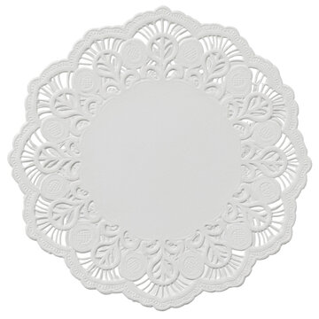 A single, transparent paper doily with intricate lace-like cut-out patterns, perfectly circular, on a stark white seamless studio background, top-down, macro view Concept of elegant simplicity and