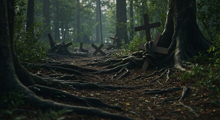 Forest path with tree roots and wooden crosses