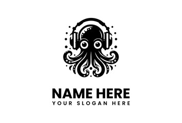Stylish Black and White Octopus Logo with Headphones. © vectorvovdesign