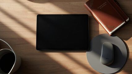 Overhead view of a tablet with a black screen a brown leather notebook a grey mouse and a coffee cup on a wooden desk