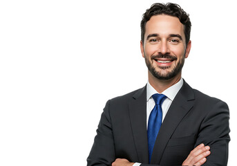Smiling businessman with arms crossed wearing a suit and tie isolated on transparent background