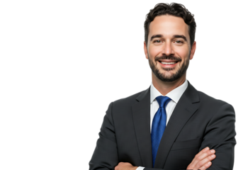 Smiling businessman with arms crossed wearing a suit and tie isolated on transparent background