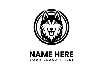 Stylized Black and White Husky Head with Open Mouth in a Circle. © vectorvovdesign