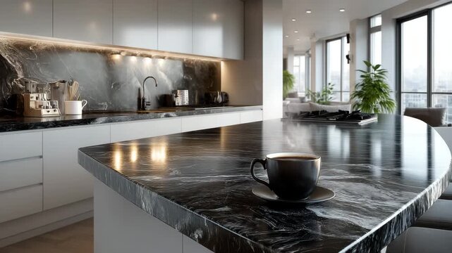 A cup of coffee sits on a sleek, marble countertop in a modern kitchen.