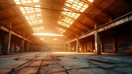 A sunlit, abandoned warehouse interior with graffiti art and an atmospheric vibe. - Powered by Adobe