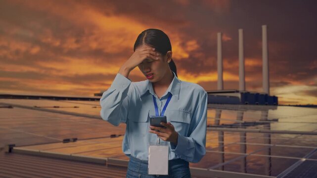 Asian Female With Her Smarphone, Inspecting Solar Panels on Rooftop at Sunset, She Is Nodding Her Shead With Dissapionted