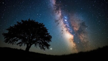 A lone tree silhouette stands against a vibrant Milky Way galaxy stretching across the night sky.