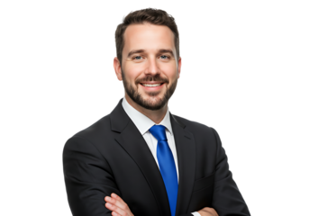Smiling businessman with arms crossed isolated on transparent background