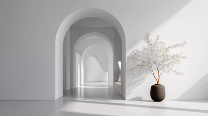 A minimalist interior design features a white wall arch, creating a clean, elegant, and modern architectural focal point in the space.