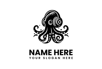 Stylized Octopus with Headphones Black and White Graphic Design.