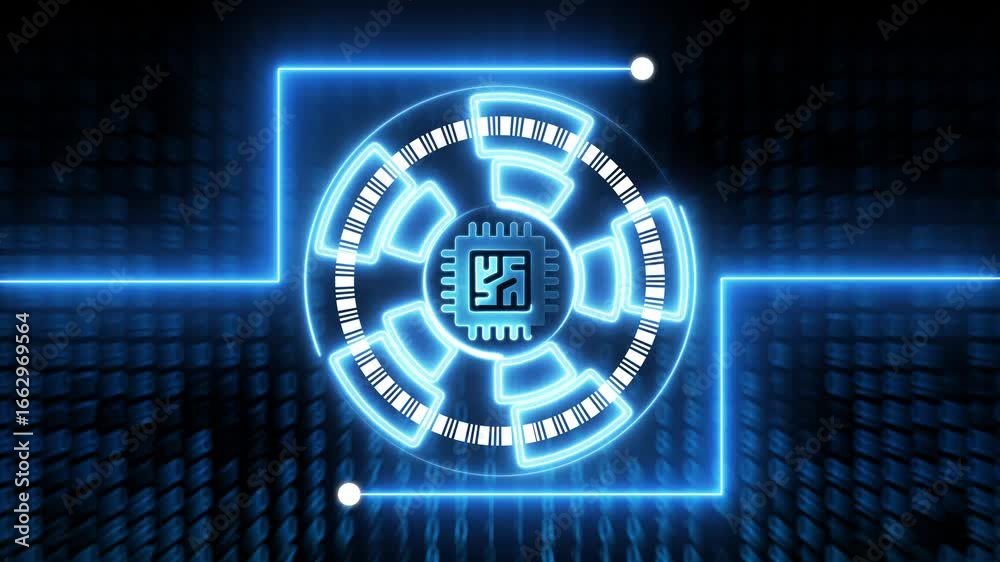 Wall mural futuristic blue neon circuit board with cpu chip and binary code background technology digital