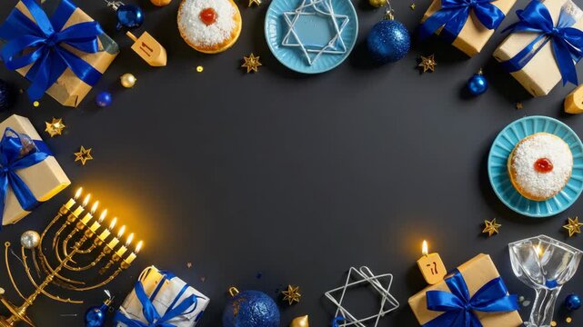 Hanukkah menorah, donuts, gifts and dreidels framing a dark background.