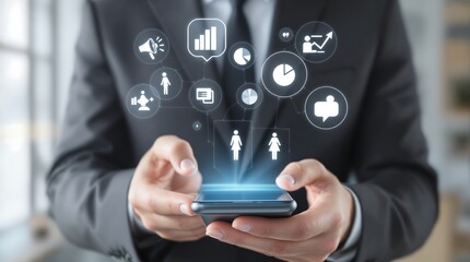 Businessman using mobile app for data analysis, business intelligence and marketing strategy