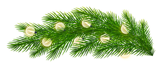 Realistic coniferous branch, spruce twigs with bright Christmas lights. Christmas tree branches with garland round electric bulbs. For Xmas, New Year posters, holiday decorations. Vector illustration