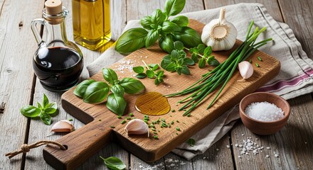 Rustic Kitchen Flatlay with Herbs Garlic and Olive Oil on Wooden Chopping Board Culinary Cooking Concept.