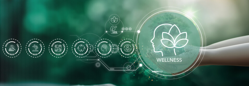 Digital Wellness Concept. Digital interface showcasing various icons representing the eight dimensions of wellness. Holistic health and balance in a technology driven world.