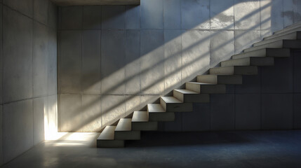 Obraz premium A modern concrete staircase is illuminated by sunlight, casting dramatic shadows that emphasize geometric lines, texture, and architectural elegance.